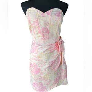 Storia Strapless Pink and Cream Jacquard Dress with Bow Detail Size L